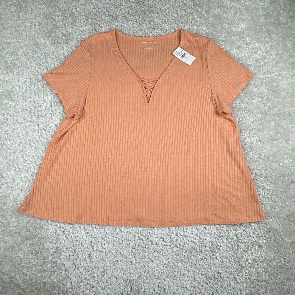 American Eagle Lace Up Ribbed Viscose Swingy Tee Orange New